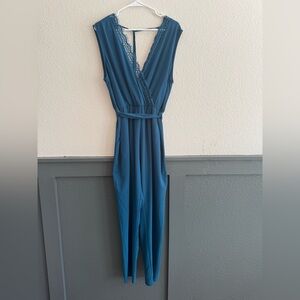 Teal Lace Trim Wrap Jumpsuit Sleeveless Tie Waist Wide Leg Size L